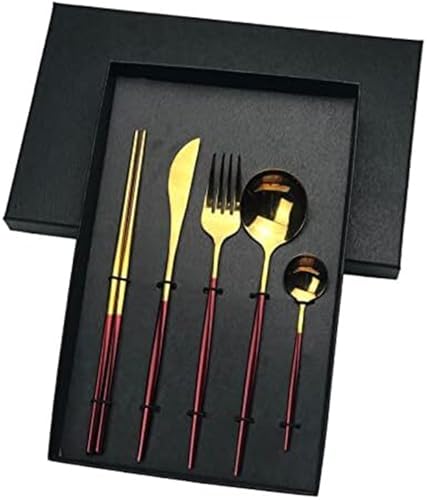Hochwertiges Besteckset aus Edelstahl – Besteck mit flachem Griff, bestehend aus Messer, Gabel, Löffel und Essstäbchen(Red Gold,4 set) von QZLNONTK