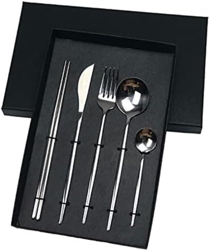 Hochwertiges Besteckset aus Edelstahl – Besteck mit flachem Griff, bestehend aus Messer, Gabel, Löffel und Essstäbchen(Silver,4 set) von QZLNONTK