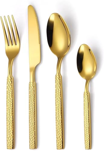 Hochwertiges Besteckset aus gehämmertem Edelstahl – Verdicktes Silberbesteck for das Essen zu Hause – Steakmesser-, Gabel- und Löffelset(Gold) von QZLNONTK