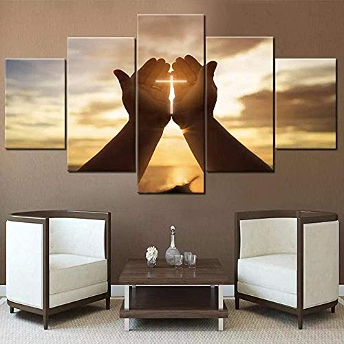 QZWXEC® Moderner Plakat-Druck 5-teilige Kreuze Jesus-Hände beten Bild-Leinwand-Malerei-Hauptdekor-Wandkunst-Wohn-Dekor-Wand-Dekor-Rahmen （150x80cm） von QZWXEC