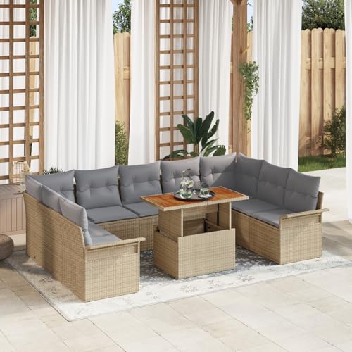 QZZCED 10-TLG. Garten-Essgruppe mit Kissen Beige Poly Rattan Akazie Garten Couch Set Terrassensofa Set für Balkone von QZZCED