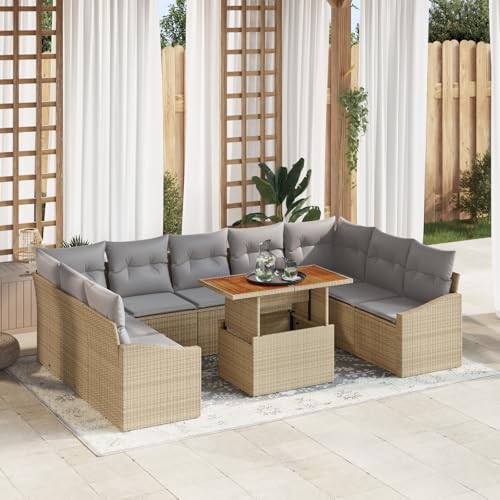 QZZCED 10-TLG. Garten-Essgruppe mit Kissen Beige Poly Rattan Akazie Terrassenmöbel Set Gartenmöbel Set für Innenhöfe QZZCED 10-TLG. Garten-Essgruppe mit Kissen Beige Poly Rattan Akazie Terrassenmöbel Set Gartenmöbel Set für Innenhöfe von QZZCED