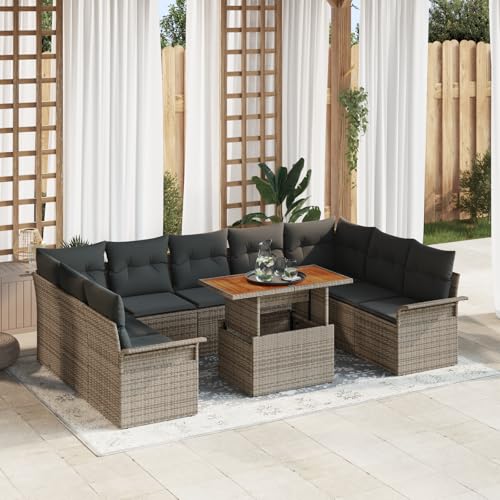 QZZCED 10-TLG. Garten-Essgruppe mit Kissen Grau Poly Rattan Akazie Garten Couch Set Terrassensofa Set für Rasenflächen von QZZCED