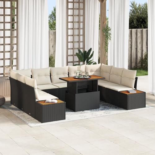 QZZCED 10-TLG. Garten-Essgruppe mit Kissen Schwarz Poly Rattan Akazie Terrassenmöbel Set Garten Couch Set für Balkone von QZZCED