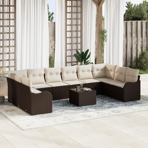 QZZCED 10-TLG. Garten-Sofagarnitur mit Kissen Grau Poly Rattan Gartenmöbel Set Balkon Sofa Set für Rasenflächen von QZZCED