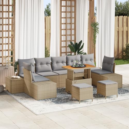 QZZCED 10-teiliges Garten-Sofa-Set mit Kissen Beige Poly-Rattan Akazie Outdoor Lounge Möbel Outdoor Sofa Set für Balkone von QZZCED