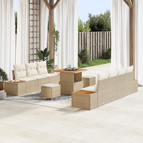 QZZCED 10-teiliges Garten Sofa Set mit Kissen Beige Poly Rattan Akazie Terrassensofa Set Outdoor Lounge Möbel für Gärten von QZZCED