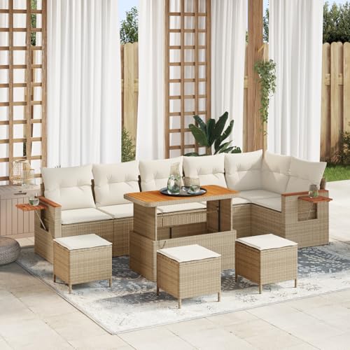 QZZCED 10-teiliges Garten Sofa Set mit Kissen Creme Poly Rattan Akazie Terrassensofa Set Outdoor Lounge Möbel für Balkone von QZZCED