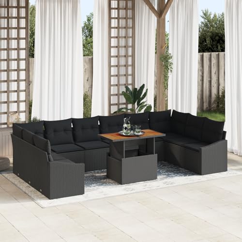 QZZCED 11-TLG. Garten-Essgruppe mit Kissen Schwarz Poly Rattan Akazie Garten Couch Set Outdoor Sofa Set für Innenhöfe von QZZCED