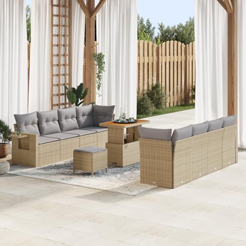 QZZCED 11-teiliges Garten Sofa Set mit Kissen Beige Poly Rattan Akazie Outdoor Lounge Möbel Garten Lounge Set für Innenhöfe von QZZCED