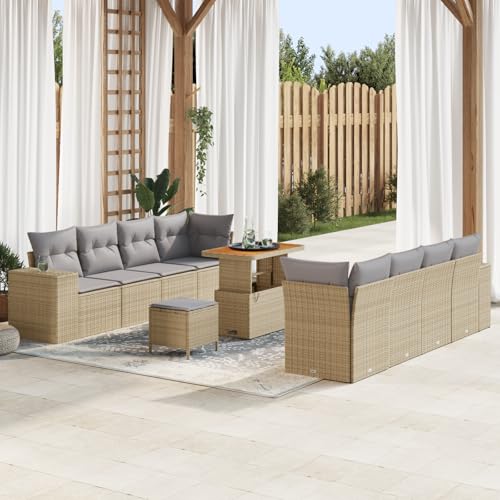 QZZCED 11-teiliges Garten-Sofa-Set mit Kissen Beige Poly Rattan Akazie Outdoor Sofa Set Outdoor Lounge Möbel für Balkone von QZZCED