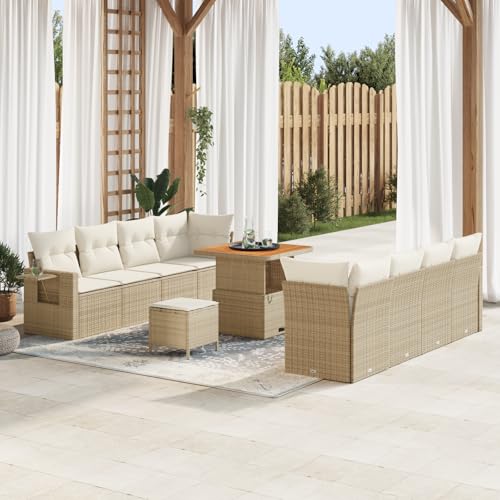 QZZCED 11-teiliges Garten Sofa Set mit Kissen Beige Poly Rattan Akazie Terrassenmöbel Set Outdoor Lounge Möbel für Rasenflächen von QZZCED