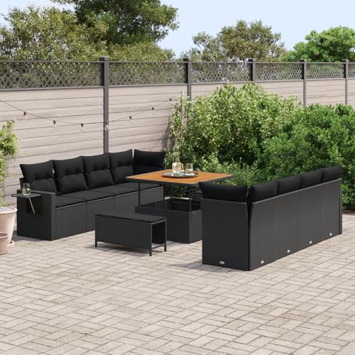 QZZCED 11-teiliges Garten Sofa Set mit Kissen Schwarz Poly Rattan Akazie Garten Couch Set Outdoor Lounge Möbel für Balkone von QZZCED