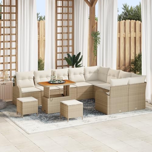 QZZCED 12-teiliges Garten Sofa Set mit Kissen Beige Poly Rattan Akazie Outdoor Lounge Möbel Terrassenmöbel Set für Balkone von QZZCED