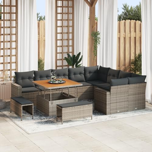 QZZCED 12-teiliges Garten Sofa Set mit Kissen Grau Poly Rattan Akazie Garten Couch Set Outdoor Lounge Möbel für Rasenflächen von QZZCED