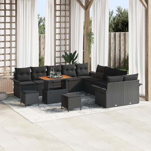 QZZCED 13-TLG. Garten-Sofagarnitur mit Kissen Schwarz Poly Rattan Terrassenmöbel Set Outdoor Lounge Möbel für Innenhöfe von QZZCED