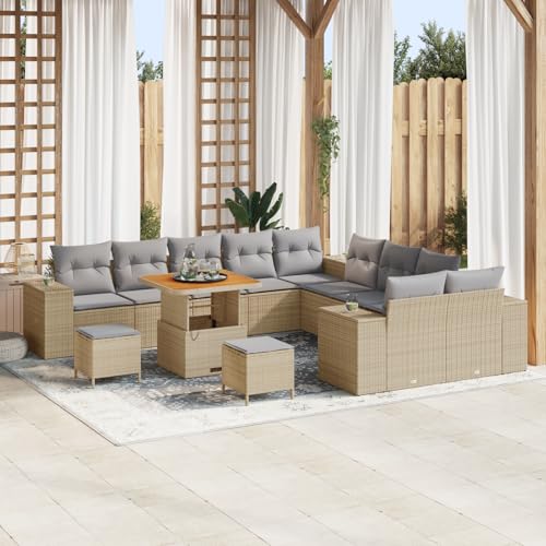 QZZCED 13-teiliges Garten Esstisch Set mit Kissen Beige Poly Rattan Akazie Terrassenmöbel Set Outdoor Lounge Möbel für Rasenflächen QZZCED 13-teiliges Garten Esstisch Set mit Kissen Beige Poly Rattan Akazie Terrassenmöbel Set Outdoor Lounge Möbel für Rasenflächen von QZZCED