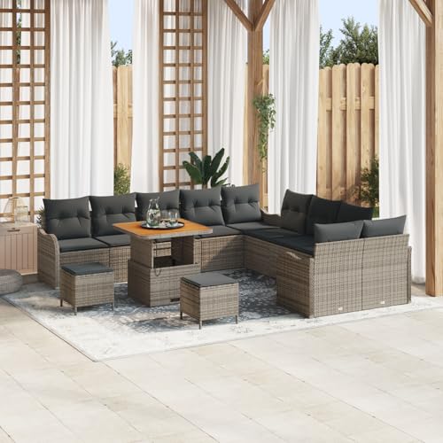 QZZCED 13-teiliges Garten Sofa Set mit Kissen Grau Poly Rattan Akazie Garten Couch Set Outdoor Lounge Möbel für Gärten von QZZCED