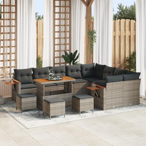 QZZCED 13-teiliges Garten Sofa Set mit Kissen Grau Poly Rattan Akazie Outdoor Lounge Möbel Terrassenmöbel Set für Balkone von QZZCED