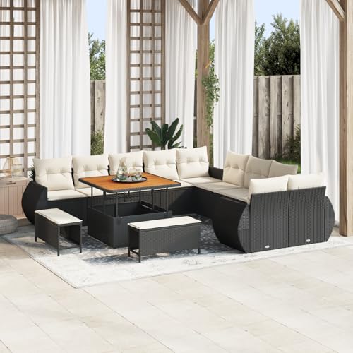 QZZCED 13-teiliges Garten Sofa Set mit Kissen Schwarz Poly Rattan Akazie Balkon Sofa Set Outdoor Lounge Möbel für Balkone von QZZCED