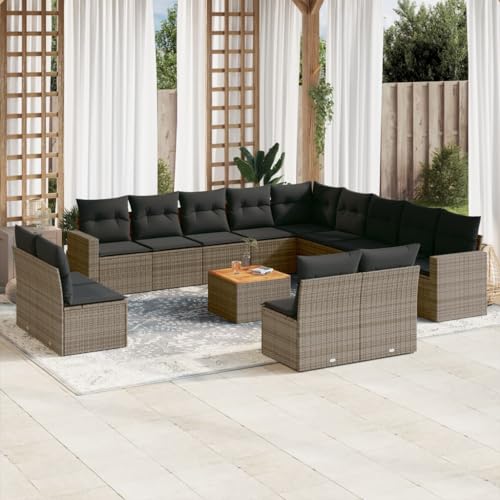 QZZCED 14-TLG. Garten-Sofagarnitur mit Kissen Grau Poly Rattan Multifunktionales Sofa Terrassensofa für Gärten von QZZCED