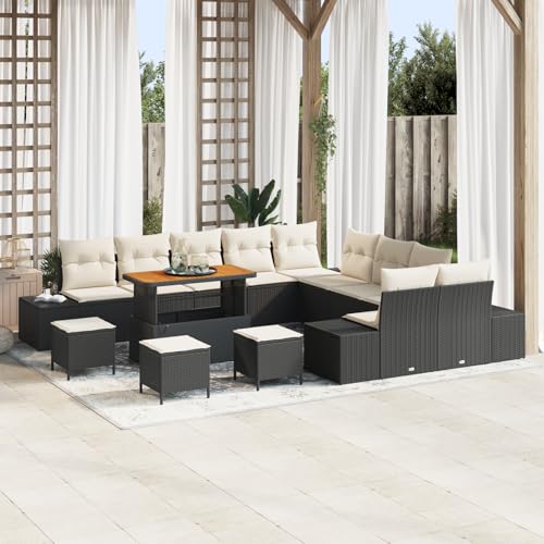 QZZCED 14-TLG. Garten-Sofagarnitur mit Kissen Schwarz Poly Rattan Terrassenmöbel Set Outdoor Lounge Möbel für Gärten von QZZCED