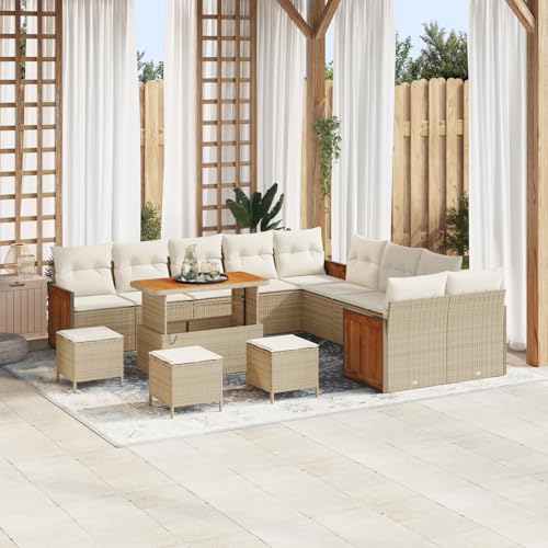 QZZCED 14-teilige Garten Sofa Set mit Kissen Beige Poly Rattan Akazie Gartenmöbel Set Outdoor Lounge Möbel für Balkone von QZZCED