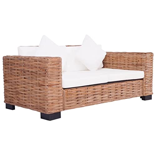 QZZCED 2-Sitzer Gartensofa Natürliches Rattan Balkon Sofa Set Terrassensofa Set für Rasenflächen von QZZCED