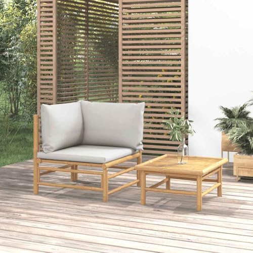 QZZCED 2-TLG. Garten-Lounge-Set Hellgraue Kissen Bambus Outdoor Sofa Balkonmöbel für Balkone von QZZCED