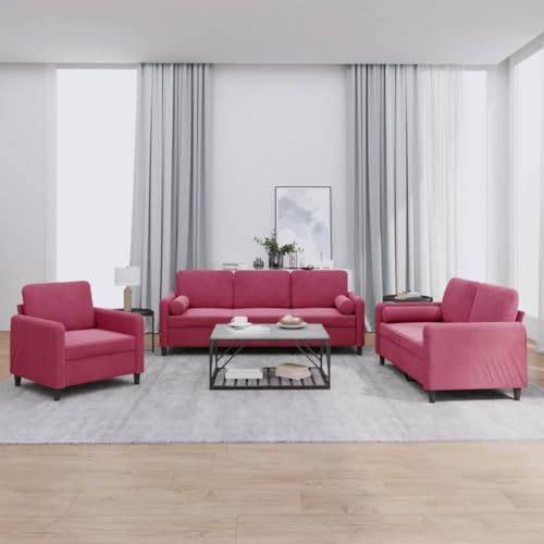 QZZCED 3-TLG. Sofagarnitur mit Kissen Weinrot Samt Schlafzimmersofas Wohnzimmersofa für Gästehaus von QZZCED