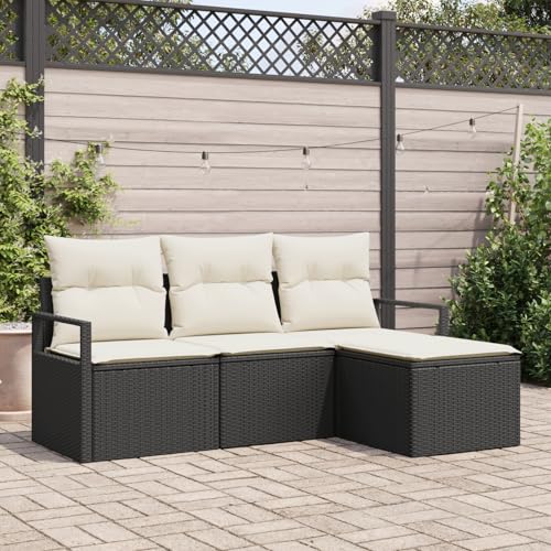 QZZCED 4-teiliges Garten Sofa Set mit Kissen Schwarz Poly Rattan Garten Lounge Set Outdoor Lounge Möbel für Rasenflächen von QZZCED