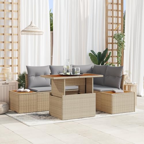 QZZCED 5-TLG. Garten-Essgruppe mit Kissen Beige Poly Rattan Akazie Garten Couch Set Balkon Sofa Set für Gärten von QZZCED