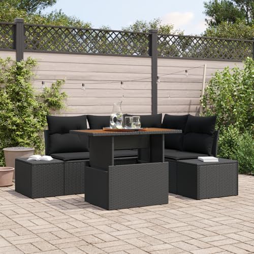 QZZCED 5-TLG. Garten-Essgruppe mit Kissen Schwarz Poly Rattan Akazie Outdoor Sofa Set Garten Lounge Set für Innenhöfe von QZZCED