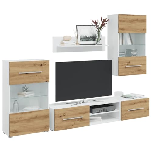 QZZCED 5-TLG. Wohnwand mit LED-Beleuchtung Artisan-Eiche Holzwerkstoff TV Regal Fernsehschrank für Büro Arbeitszimmer von QZZCED