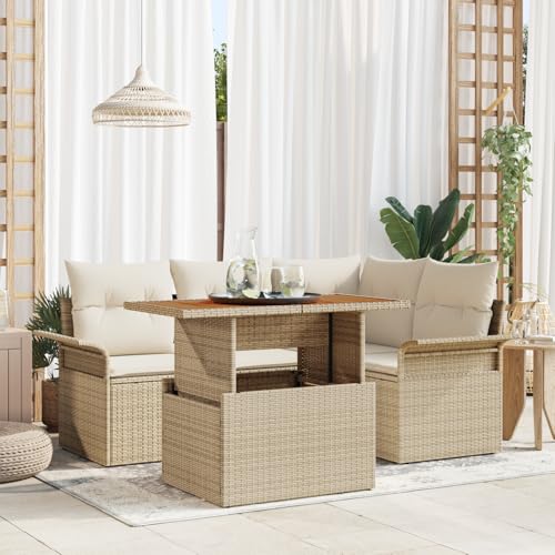 QZZCED 5-teilige Garten-Essgruppe mit Kissen Beige Poly Rattan Akazie Terrassensofa Set Balkon Sofa Set für Innenhöfe von QZZCED