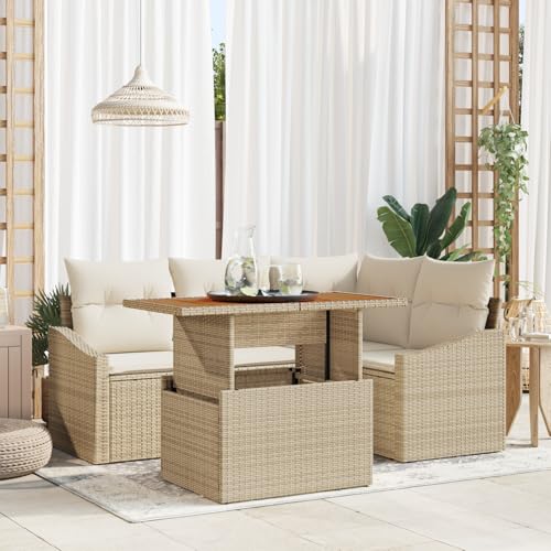 QZZCED 5-teiliges Garten Essgruppe mit Kissen Beige Poly Rattan Akazie Garten Lounge Set Outdoor Lounge Möbel für Innenhöfe QZZCED 5-teiliges Garten Essgruppe mit Kissen Beige Poly Rattan Akazie Garten Lounge Set Outdoor Lounge Möbel für Innenhöfe von QZZCED