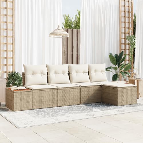 QZZCED 5-teiliges Garten Sofa Set mit Kissen Beige Poly Rattan Akazie Outdoor Sofa Set Outdoor Lounge Möbel für Innenhöfe von QZZCED