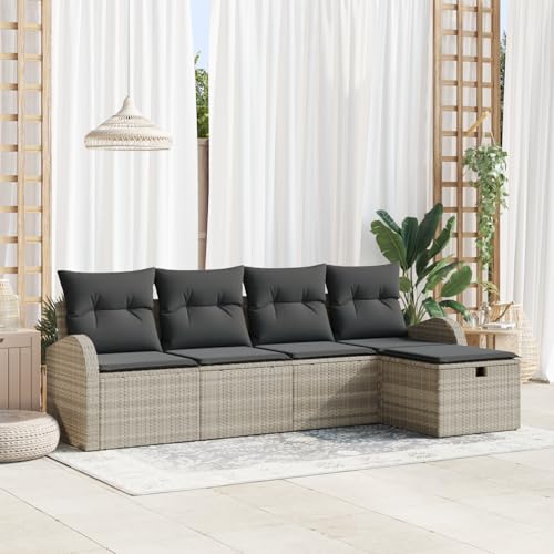 QZZCED 5-teiliges Garten-Sofa-Set mit Kissen Hellgrau Poly-Rattan Terrassensofa Set Gartenmöbel Set für Innenhöfe von QZZCED