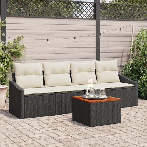 QZZCED 5-teiliges Garten Sofa Set mit Kissen in Schwarz Poly Rattan Akazie Gartenmöbel Set Outdoor Lounge Möbel für Innenhöfe QZZCED 5-teiliges Garten Sofa Set mit Kissen in Schwarz Poly Rattan Akazie Gartenmöbel Set Outdoor Lounge Möbel für Innenhöfe von QZZCED