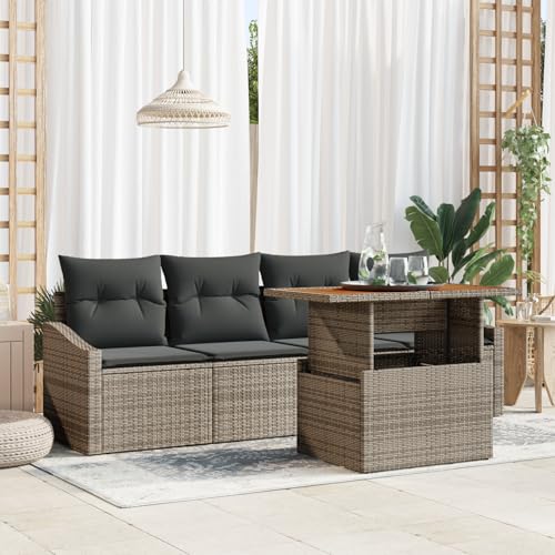 QZZCED 5-teiliges Gartentisch-Set mit Kissen Grau Poly Rattan Akazie Terrassensofa Set Outdoor Sofa Set für Balkone von QZZCED