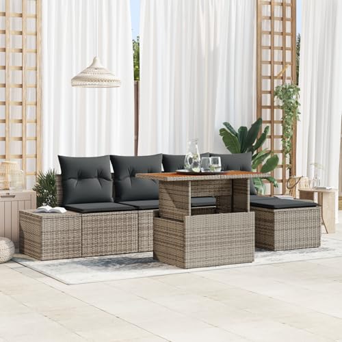 QZZCED 6-TLG. Garten-Essgruppe mit Kissen Grau Poly Rattan Akazie Balkon Sofa Set Outdoor Lounge Möbel für Gärten QZZCED 6-TLG. Garten-Essgruppe mit Kissen Grau Poly Rattan Akazie Balkon Sofa Set Outdoor Lounge Möbel für Gärten von QZZCED