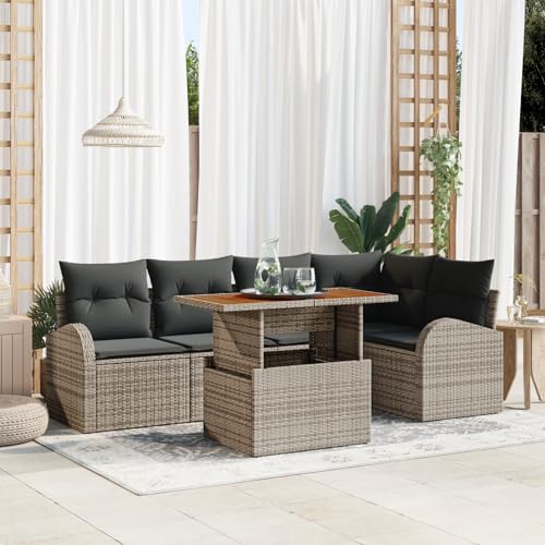 QZZCED 6-TLG. Garten-Essgruppe mit Kissen Grau Poly Rattan Akazie Gartenmöbel Set Terrassenmöbel Set für Gärten von QZZCED