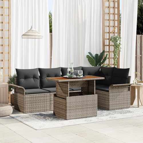 QZZCED 6-TLG. Garten-Essgruppe mit Kissen Grau Poly Rattan Akazie Gartenmöbel Set Terrassensofa Set für Balkone QZZCED 6-TLG. Garten-Essgruppe mit Kissen Grau Poly Rattan Akazie Gartenmöbel Set Terrassensofa Set für Balkone von QZZCED
