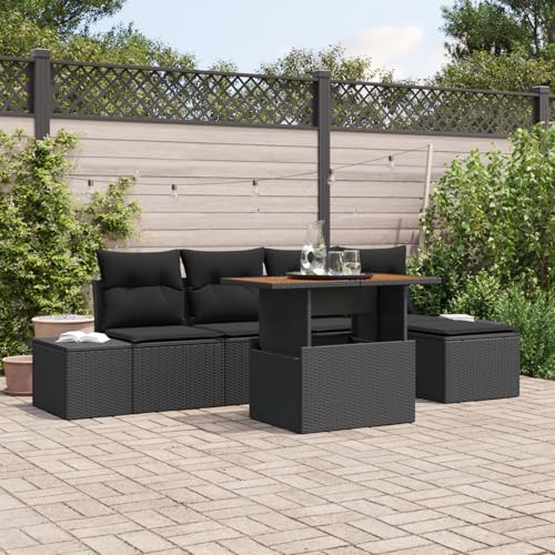 QZZCED 6-TLG. Garten-Essgruppe mit Kissen Schwarz Poly Rattan Akazie Outdoor Lounge Möbel Balkon Sofa Set für Rasenflächen QZZCED 6-TLG. Garten-Essgruppe mit Kissen Schwarz Poly Rattan Akazie Outdoor Lounge Möbel Balkon Sofa Set für Rasenflächen von QZZCED
