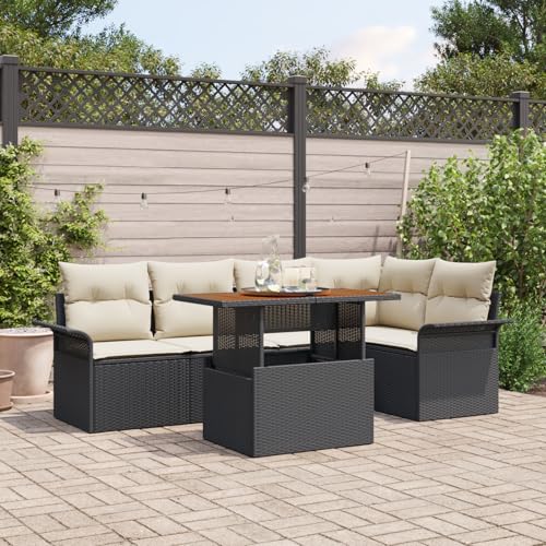 QZZCED 6-TLG. Garten-Essgruppe mit Kissen Schwarz Poly Rattan Akazie Outdoor Lounge Möbel Garten Couch Set für Balkone QZZCED 6-TLG. Garten-Essgruppe mit Kissen Schwarz Poly Rattan Akazie Outdoor Lounge Möbel Garten Couch Set für Balkone von QZZCED