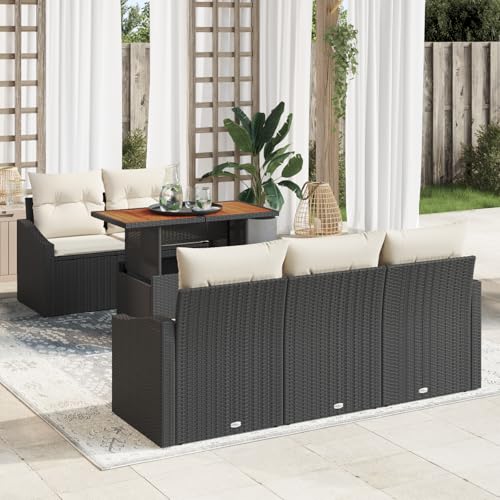 QZZCED 6-TLG. Garten-Essgruppe mit Kissen Schwarz Poly Rattan Akazie Outdoor Sofa Set Balkon Sofa Set für Rasenflächen QZZCED 6-TLG. Garten-Essgruppe mit Kissen Schwarz Poly Rattan Akazie Outdoor Sofa Set Balkon Sofa Set für Rasenflächen von QZZCED