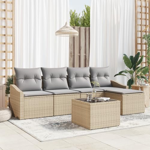 QZZCED 6-TLG. Garten-Essgruppe mit Kissen Schwarz Poly Rattan Outdoor Sofa Set Garten Couch Set für Rasenflächen von QZZCED