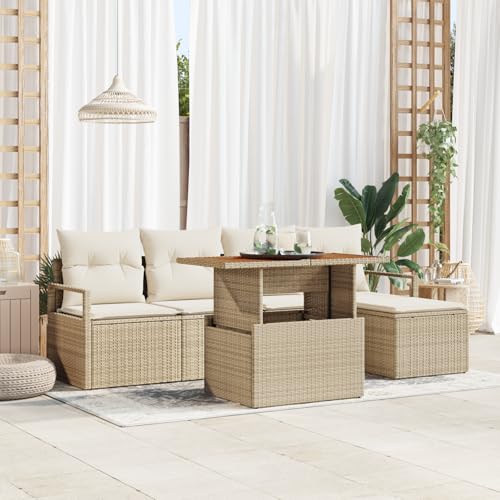 QZZCED 6-TLG. Garten-Sofagarnitur mit Kissen Beige Poly Rattan Akazie Terrassenmöbel Set Gartenmöbel Set für Rasenflächen von QZZCED