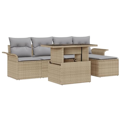 QZZCED 6-TLG. Garten-Sofagarnitur mit Kissen Beige Poly Rattan Garten Couch Set Outdoor Lounge Möbel für Gärten von QZZCED