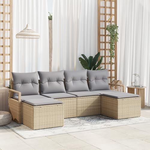 QZZCED 6-TLG. Garten-Sofagarnitur mit Kissen Beige Poly Rattan Outdoor Lounge Möbel Garten Couch Set für Gärten von QZZCED